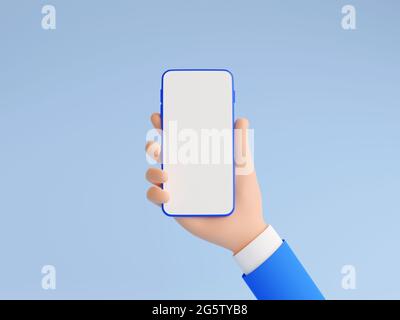 Mobile phone mockup in human hand 3d render illustration. Stock Photo