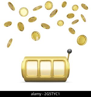 Golden slot machine realistic render. Big win on jackpot casino win. Slot machine wheels and coins rain on background. Vector illustration isolated on Stock Vector