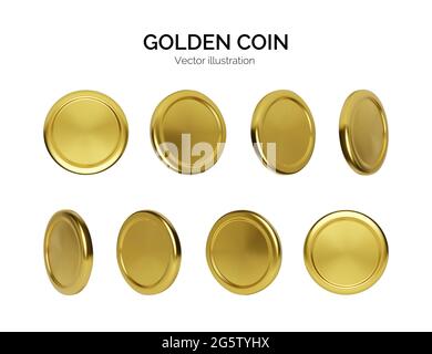 Golden coin rotation. Finance and money. Realistic render gold money. Glossy metallic coin. Vector illustration Stock Vector
