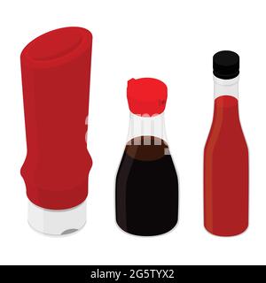 Tomato ketchup, soy and hot sweet chili pepper sauce bottles isolated on white background. Isometric view. Vector Stock Vector