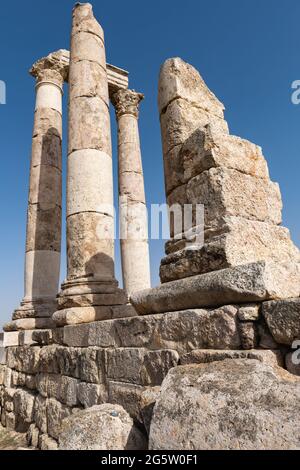 Temple of Hercules in the Amman Citadel is a historical site at the center of downtown Amman, Jordan. In Arabic it is known as Jabal al-Qal'a. Stock Photo