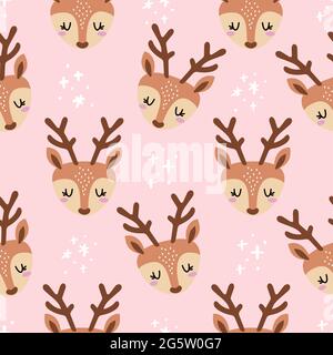 Deer head pattern design in beautiful colors - funny hand drawn doodle, seamless pattern. Designer poster or t-shirt textile graphic design. Wallpaper Stock Vector