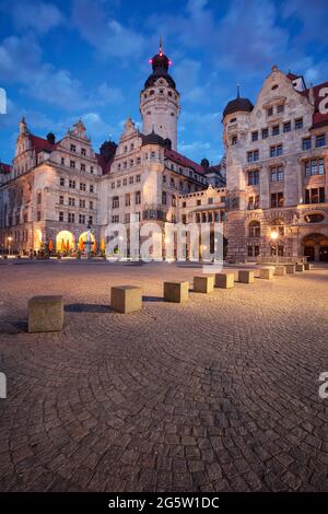 Leipzig, Germany. Cityscape image of Leipzig, Germany with New Town Hall at twilight blue hour. Stock Photo