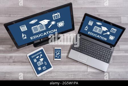 Education concept shown on different information technology devices Stock Photo