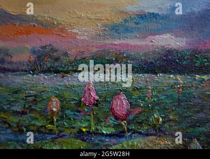 Art oil painting lotus flower , abstract , design , background from thailand , Water Lilly Stock Photo