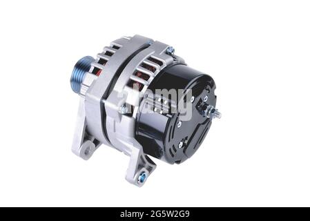 generator automobile, element of the electrical network of the car on a white background back view, close-up selective focus Stock Photo