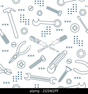 Vector seamless pattern Illustration Construction tools. Repair background. Pliers for gripping, manipulating, wrench, screwdriver, bolt, washer, nut, Stock Vector
