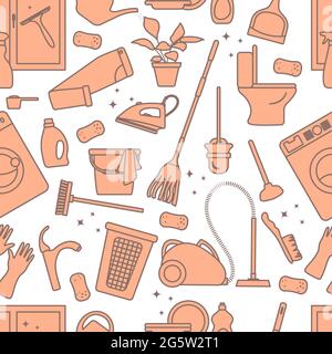 Vector Seamless pattern Illustration Cleaning Maid service Housekeeping Washing machine Mop Watering can Iron Vacuum cleaner Professional hygiene serv Stock Vector