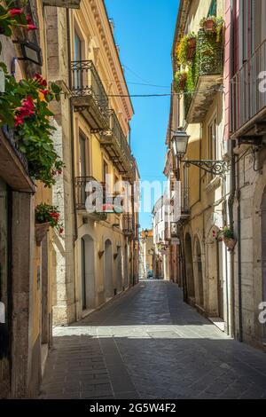 Narrow and colorful alleys in the historic center of Isernia, the provincial capital of the Molise region. Isernia, Molise, Italy, Europe