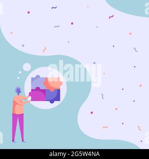Man Drawing Standing Fitting Four Jigsaw Pieces Showing Solved Problem. Gentleman Design Stands And Holding Puzzle Piece Displaying Completion. Stock Vector