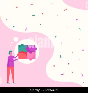 Man Drawing Standing Fitting Four Jigsaw Pieces Showing Solved Problem. Gentleman Design Stands And Holding Puzzle Piece Displaying Completion. Stock Vector