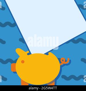 Piggy Bank Drawing With Large Sheet Of Paper Stuck On The Hole. Piglet Money Jar Design With Big Note Caught On The Gap Showing Financial Savings. Stock Vector