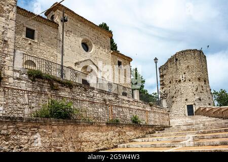 Romanesque style church dedicated to San Bartolomeo in Campobasso. Alongside the remains of a defense tower of the ancient city walls. Molise Stock Photo