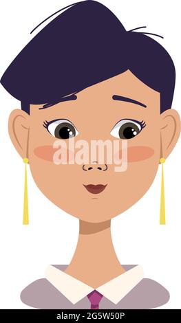 Avatar is a woman with lowered eyes, compressed lips, black short trendy hair, an embarrassed expression face, bashful emotions Stock Vector