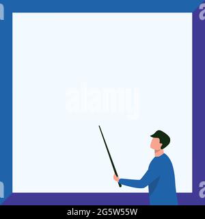 Instructor Drawing Holding Stick Pointing Board Showing New Lessons. Teacher Design Holds And Points Stick At Blank Whiteboard Presentation Ideas. Stock Vector