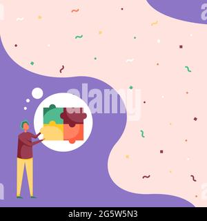 Man Drawing Standing Fitting Four Jigsaw Pieces Showing Solved Problem. Gentleman Design Stands And Holding Puzzle Piece Displaying Completion. Stock Vector