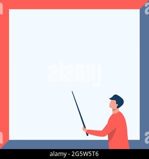 Instructor Drawing Holding Stick Pointing Board Showing New Lessons. Teacher Design Holds And Points Stick At Blank Whiteboard Presentation Ideas. Stock Vector