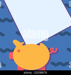 Piggy Bank Drawing With Large Sheet Of Paper Stuck On The Hole. Piglet Money Jar Design With Big Note Caught On The Gap Showing Financial Savings. Stock Vector