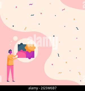 Man Drawing Standing Fitting Four Jigsaw Pieces Showing Solved Problem. Gentleman Design Stands And Holding Puzzle Piece Displaying Completion. Stock Vector