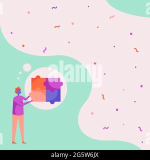 Man Drawing Standing Fitting Four Jigsaw Pieces Showing Solved Problem. Gentleman Design Stands And Holding Puzzle Piece Displaying Completion. Stock Vector