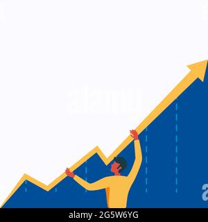 Man Standing Drawing Holding Graph Arrow Showing Business Growth. Businessman Design Stands While Grabbing Chart Diagram Displaying Increase And Rise. Stock Vector