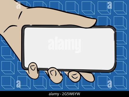 Adult Hand Illustration Holding Mobile Showing New Technology On Screen, Person Palm Carrying Phone Presenting The Monitor With Late Tech Developments Stock Vector