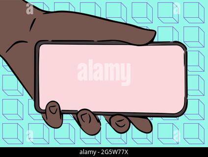 Adult Hand Illustration Holding Mobile Showing New Technology On Screen, Person Palm Carrying Phone Presenting The Monitor With Late Tech Developments Stock Vector