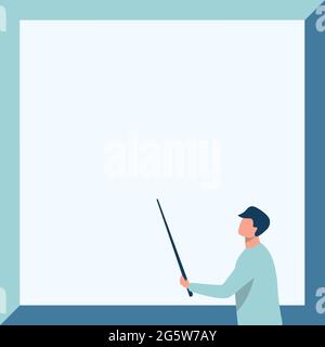 Instructor Drawing Holding Stick Pointing Board Showing New Lessons. Teacher Design Holds And Points Stick At Blank Whiteboard Presentation Ideas. Stock Vector