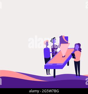 Colleagues Drawing Standing Beside Table Projection Graph Chart. Teammates Design Stands Surrounding Desk Presenting Virtual Presentation. Stock Vector