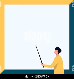 Instructor Drawing Holding Stick Pointing Board Showing New Lessons. Teacher Design Holds And Points Stick At Blank Whiteboard Presentation Ideas. Stock Vector