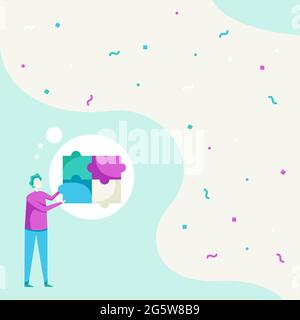 Man Drawing Standing Fitting Four Jigsaw Pieces Showing Solved Problem. Gentleman Design Stands And Holding Puzzle Piece Displaying Completion. Stock Vector