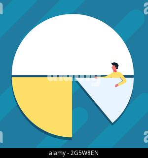 Man Drawing Holding A Pie Chart Piece Showing Graph Design. Gentleman Standing Design Completing A Circular Piece Of Diagram. Stock Vector
