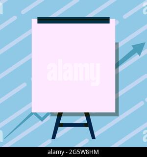 Whiteboard Drawing With Arrow Going Up Presenting Growing Graph. Empty Board Design With Tripod And Business Chart Showing Improved Growth And Good Stock Vector