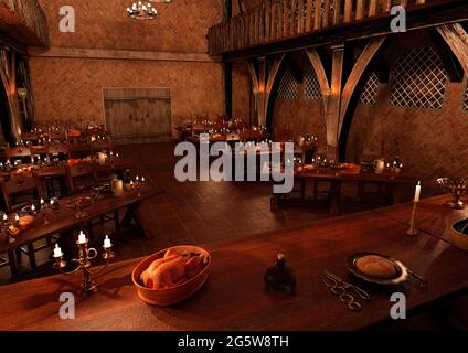 3D rendering of a medieval great hall interior Stock Photo