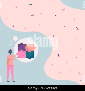 Man Drawing Standing Fitting Four Jigsaw Pieces Showing Solved Problem. Gentleman Design Stands And Holding Puzzle Piece Displaying Completion. Stock Vector
