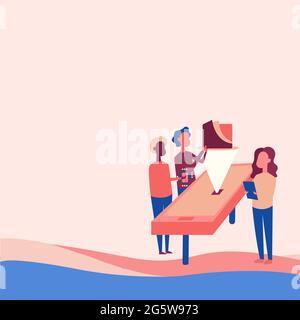 Colleagues Drawing Standing Beside Table Projection Graph Chart. Teammates Design Stands Surrounding Desk Presenting Virtual Presentation. Stock Vector