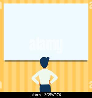 Man Drawing Standing Holding Hips Looking At An Empty Whiteboard. Student Design Stands And Hands On Hip Viewing Blank Board. Stock Vector