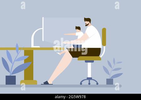 Illustration of a father holding his son and working on a computer Stock Vector