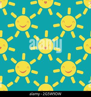 Cute vector smiling laughing kawaii suns. Seamless pattern background. Cartoon yellow weather icons on aqua blue wbackdrop. Fun sky repeat for travel Stock Vector