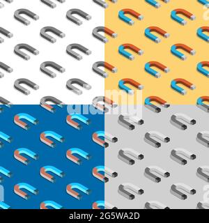 set of seamless patterns with 3d red blue magnet in shape of horseshoe. Ornament for decoration and printing on fabric. Design element. Vector Stock Vector