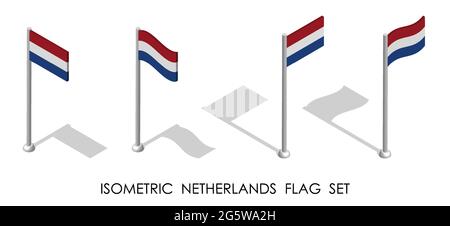 isometric flag of Holland, Netherlands in static position and in motion on flagpole. 3d vector Stock Vector