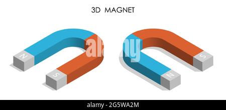 3d red blue magnet in shape of horseshoe with designation of poles of attraction, isometric. Vector isolation on white background Stock Vector