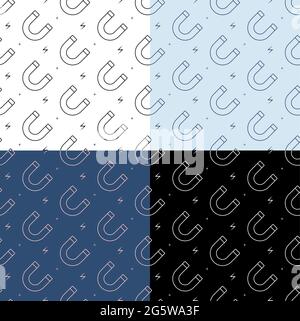 set of seamless patterns with Horseshoe magnet with lines of attraction. Ornament for decoration and printing on fabric. Design element. Vector Stock Vector