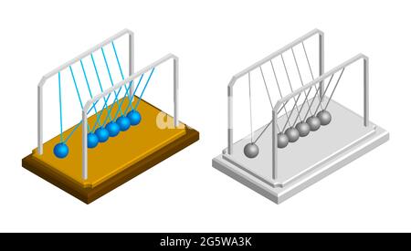isometric newton cradle. Balls hanging on strings. Studying force of attraction in physics lesson at school. Realistic 3D vector Stock Vector