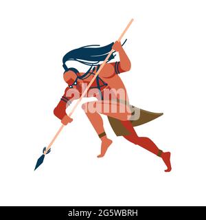 Warrior of indigenous African tribes, an Australian and American set of aborigines, a member of the tribe attacks the enemy with a spear in his hand Stock Vector