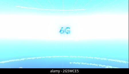 Image of 6g text, data processing and scope scanning on screens over blue and white background Stock Photo