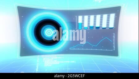 Image of 6g text, data processing and scope scanning on screens over blue and white background Stock Photo