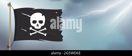 Worn pirate flag waving on dark sky background with lightning. Crossbones black flag vector banner design with copy space. Stock Vector