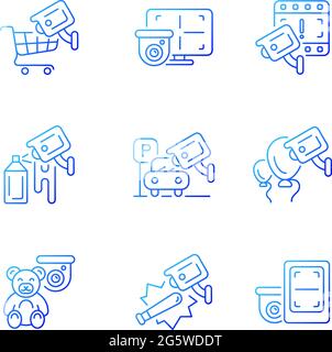 Securing home and business gradient linear vector icons set. Avoid damage. CCTV monitor. Hijacking prevention. Thin line contour symbols bundle. Isola Stock Vector