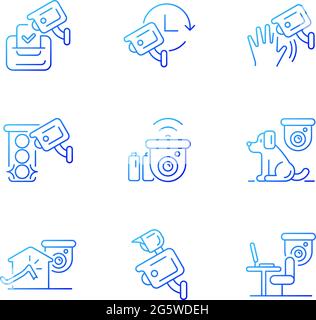 Surveillance camera usage gradient linear vector icons set. Election observation. Pet control. Motion detection. Thin line contour symbols bundle. Iso Stock Vector